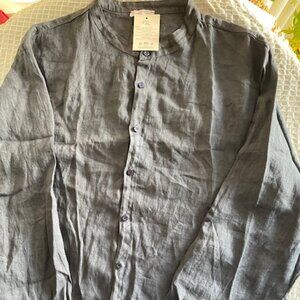 Focus linen long sleeve shirt  mandarin collar size 6XL Made in Italy navy blue